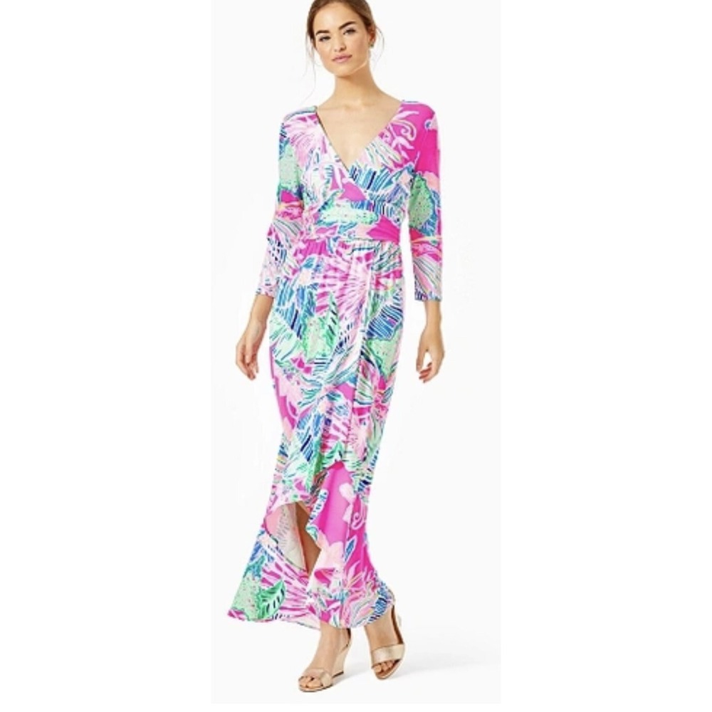 Lilly Pulitzer Razberry Sunset Wrap Maxi Dress Hi-Lo Pink Floral S NEW